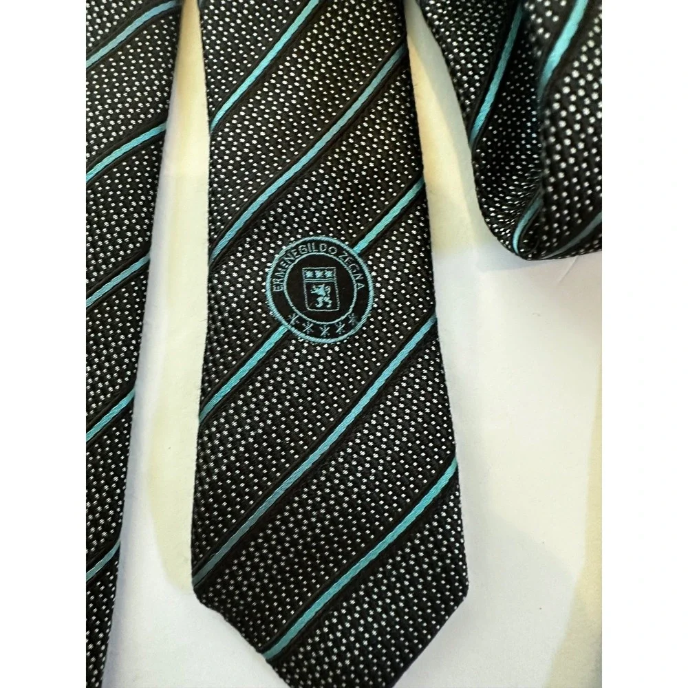 Ermenegildo Zegna Neck Tie 100% Silk Dots Stripes Black Blue White Italy Set